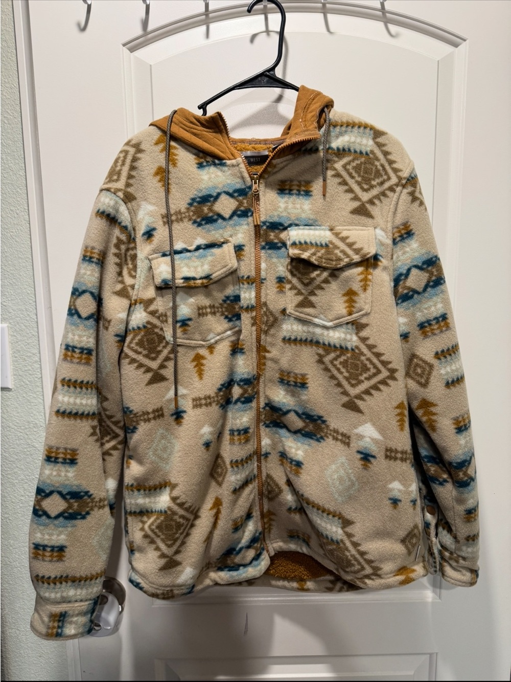 Women’s depart west Aztec Pattern Fleece Jacket with Hood - Beige/Blue